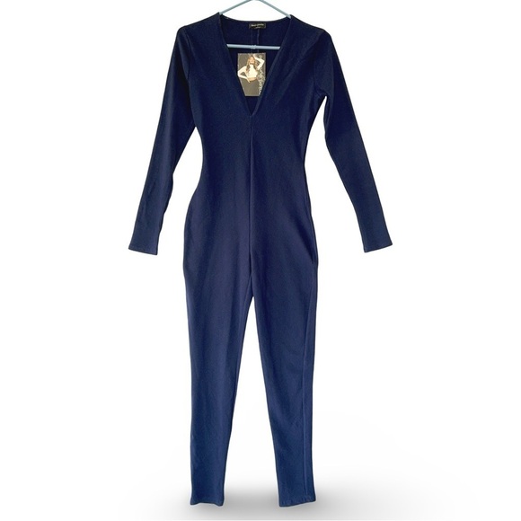 Naked Wardrobe Navy Ribbed V-Neck Jumpsuit - Picture 1 of 10